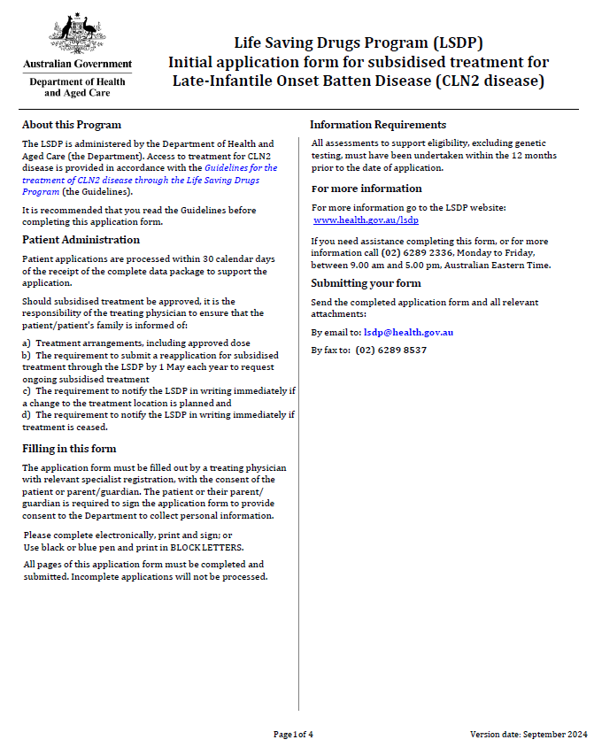 Cover page for the Life Saving Drugs Program – Late infantile Batten disease (CLN2 disease) – Initial application