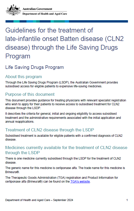 Cover page for the Life Saving Drugs Program – Late infantile Batten disease (CLN2)