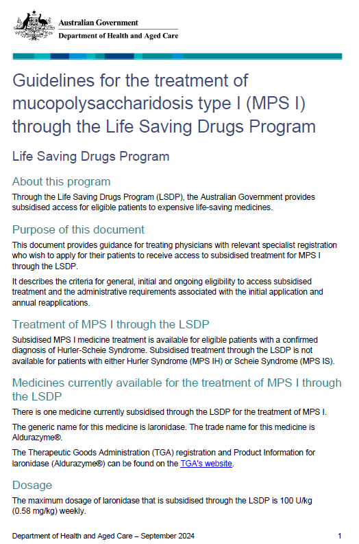 Cover page for the Life Saving Drugs Program – Mucopolysaccharidosis type I (MPS I) – Guidelines