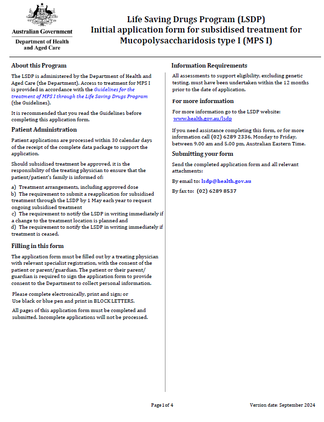 Cover page for the Life Saving Drugs Program – Mucopolysaccharidosis type I (MPS I) – Initial application