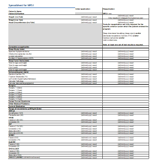 Image of the Mucopolysaccharidosis type I (MPS I) – Patient test results spreadsheet