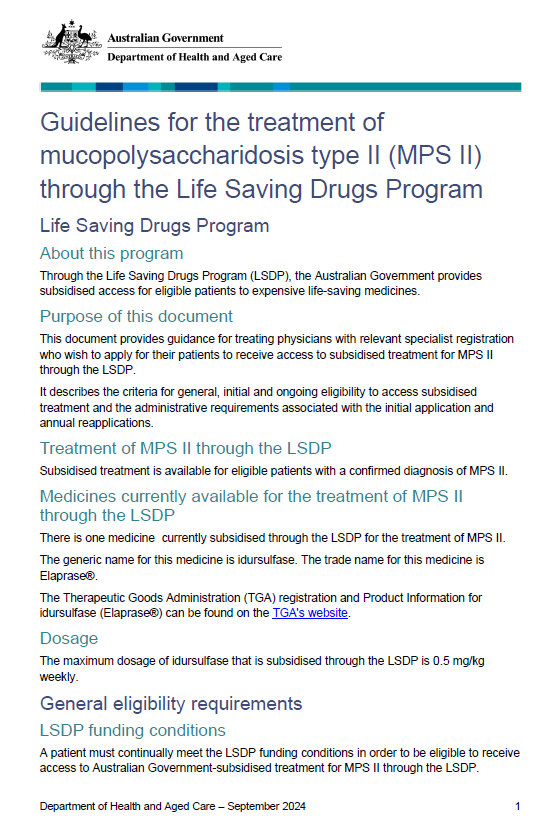 Cover page for the Life Saving Drugs Program – Mucopolysaccharidosis type II (MPS II) – Guidelines