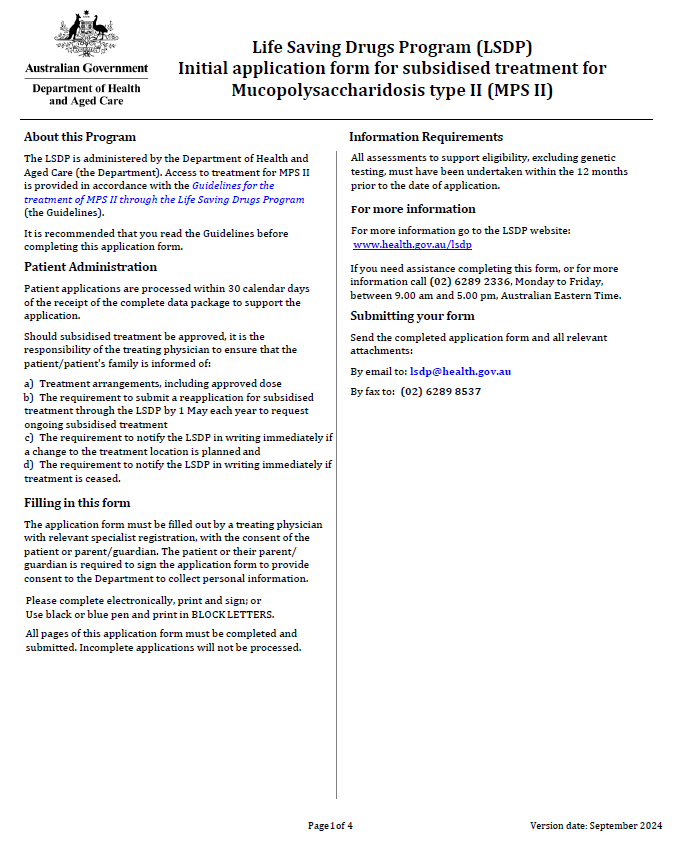 Cover page for the Life Saving Drugs Program – Mucopolysaccharidosis type II (MPS II) – Initial application