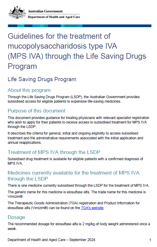 Cover page for the Life Saving Drugs Program – Mucopolysaccharidosis type IVA (MPS IVA) – Guidelines