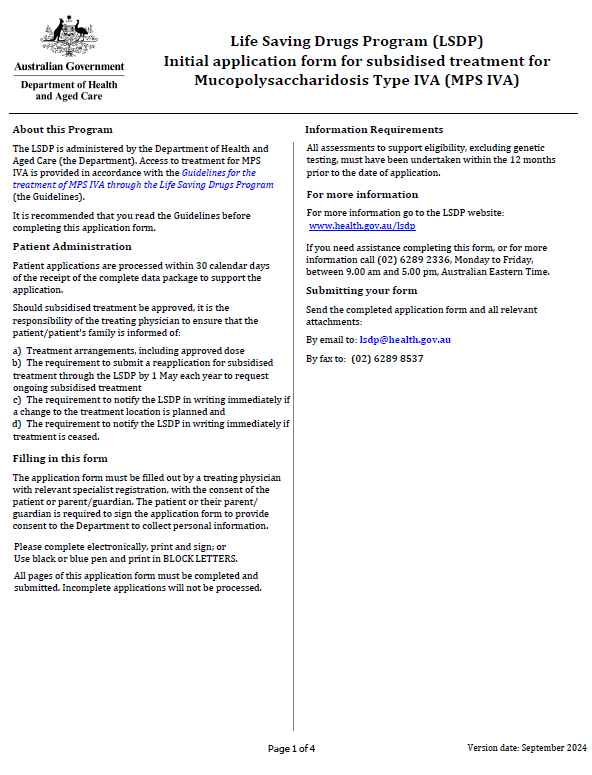 Cover for the Life Saving Drugs Program – Mucopolysaccharidosis type IVA (MPS IVA) – Initial application