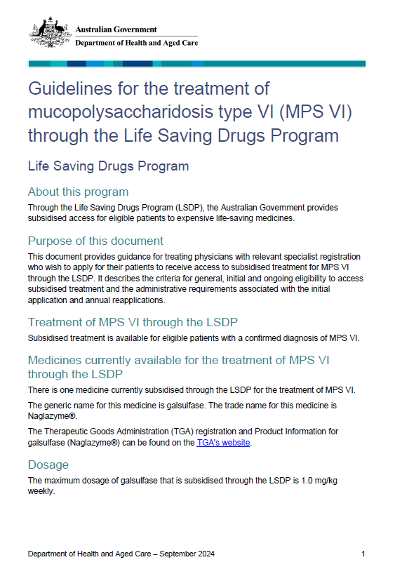 Cover page for the Life Saving Drugs Program – Mucopolysaccharidosis type VI (MPS VI) – Guidelines