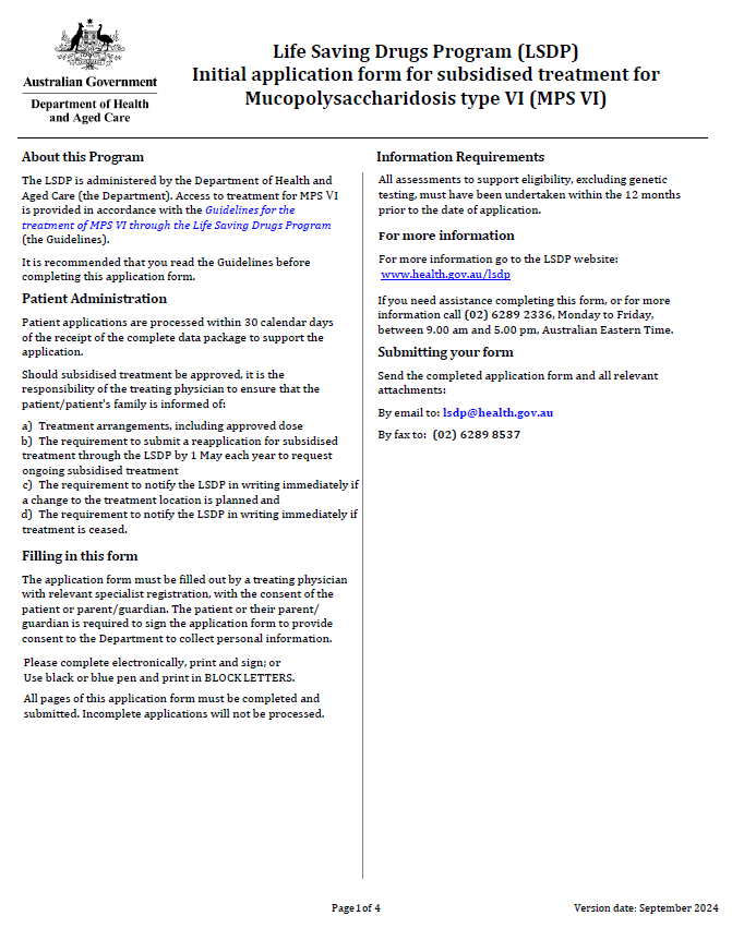Cover page for the Life Saving Drugs Program – Mucopolysaccharidosis type VI (MPS VI) – Initial application