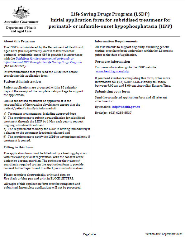 Cover for the Life Saving Drugs Program – Perinatal- or infantile-onset hypophosphatasia (HPP) – Initial application
