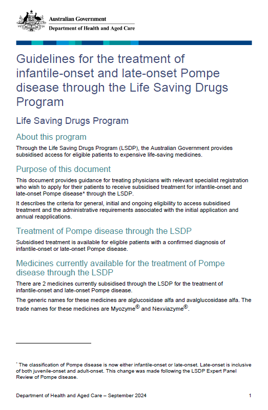 Cover page for the Life Saving Drugs Program – Pompe disease – Guidelines