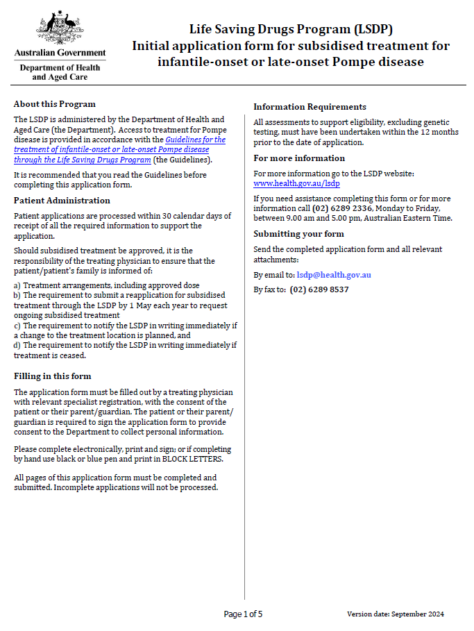 Cover image for Life Saving Drugs Program – Pompe disease – Initial application