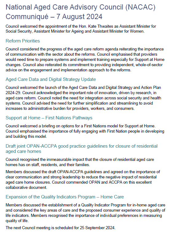 Cover page for the National Aged Care Advisory Council communique – August 2024