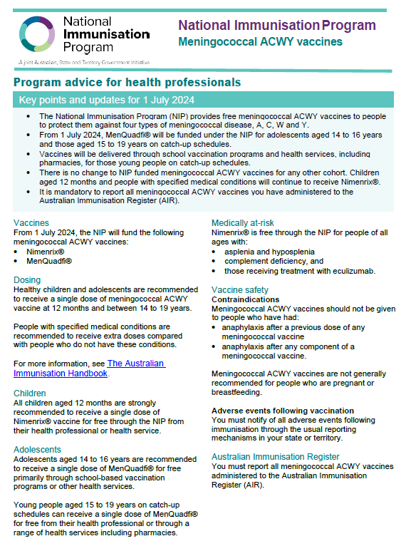 Cover page for the National Immunisation Program – Meningococcal ACWY vaccines – Program advice for health professionals (July 2024)