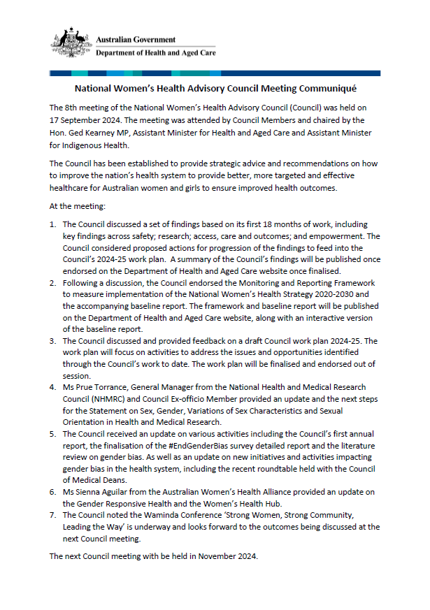 National Women’s Health Advisory Council communique – 17 September 2024