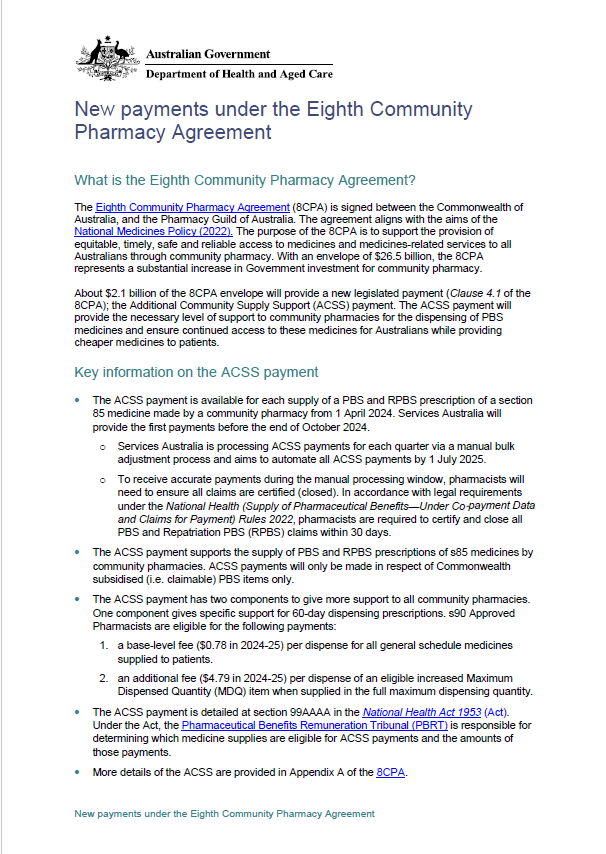 New payments under the Eighth Community Pharmacy Agreement
