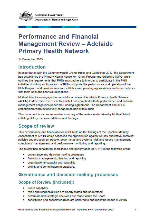 Performance and Financial Management Review – Adelaide Primary Health Network