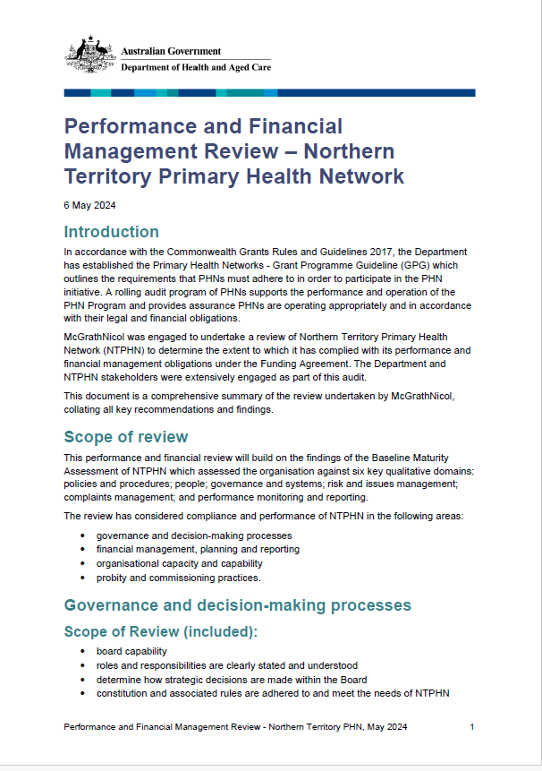 Performance and Financial Management Review – Northern Territory Primary Health Network