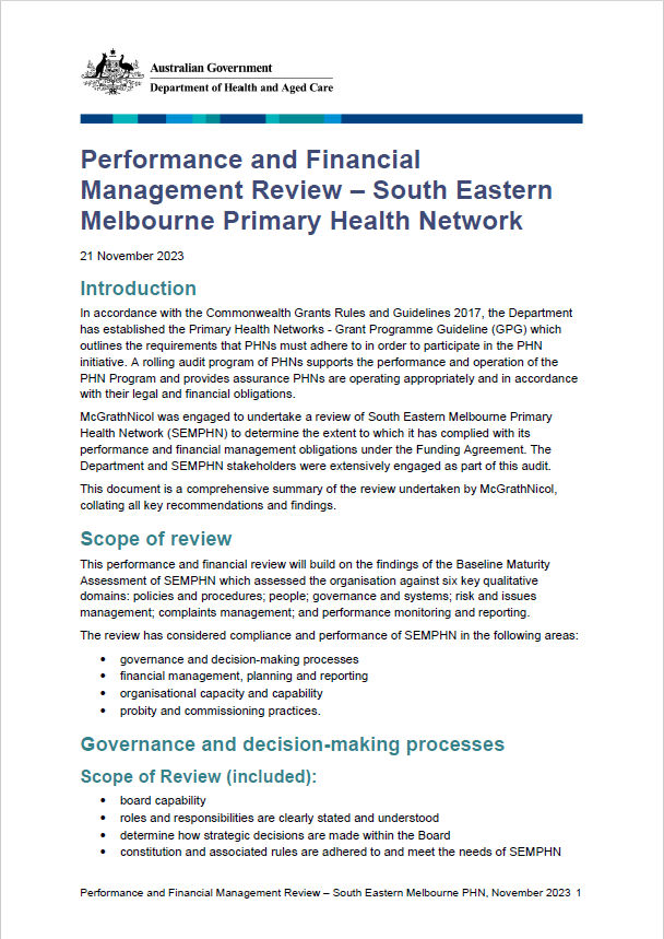 Performance and Financial Management Review – South Eastern Melbourne Primary Health Network