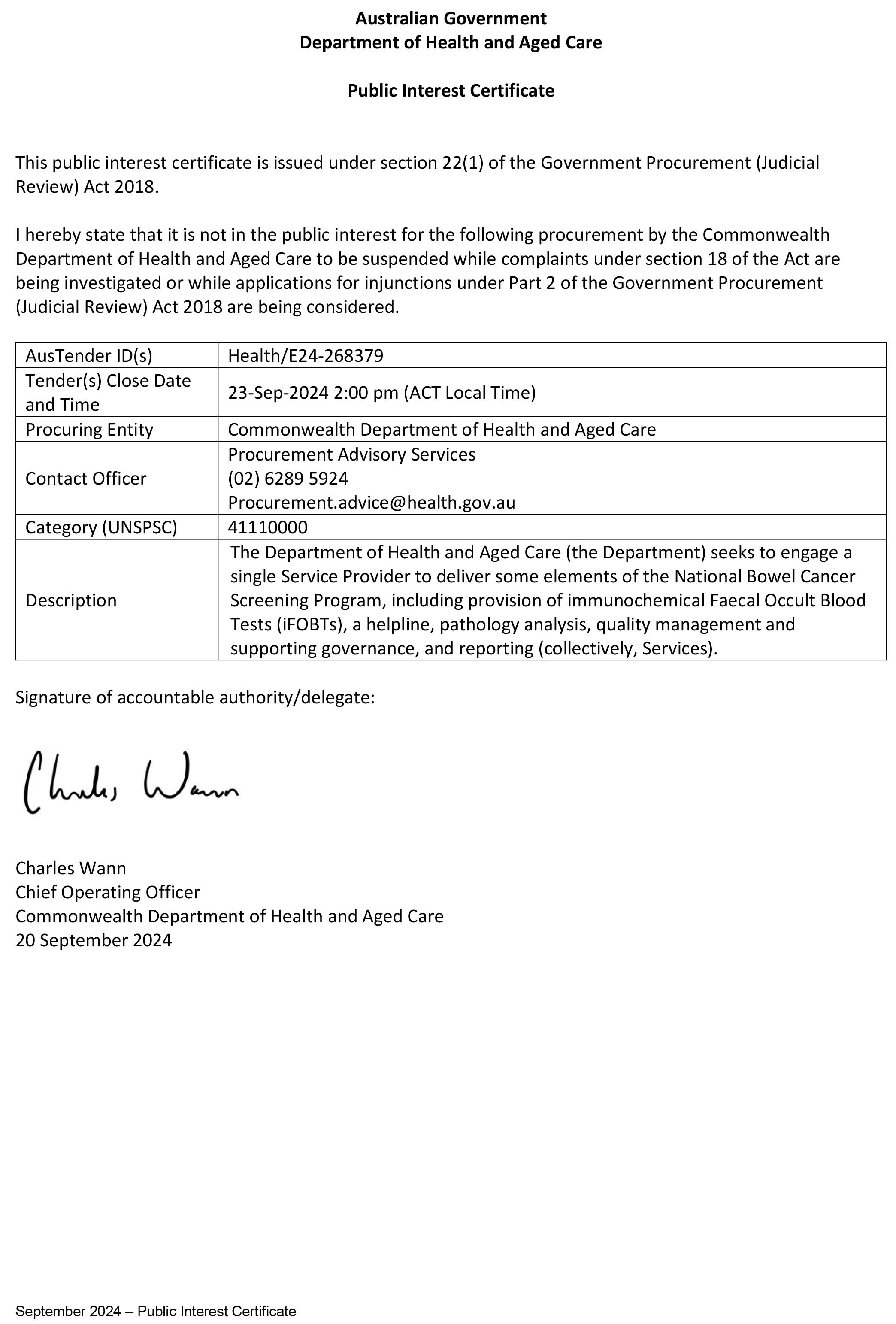 PIC – Supply and pathology analysis of immunochemical faecal occult blood tests for National Bowel Cancer Screening