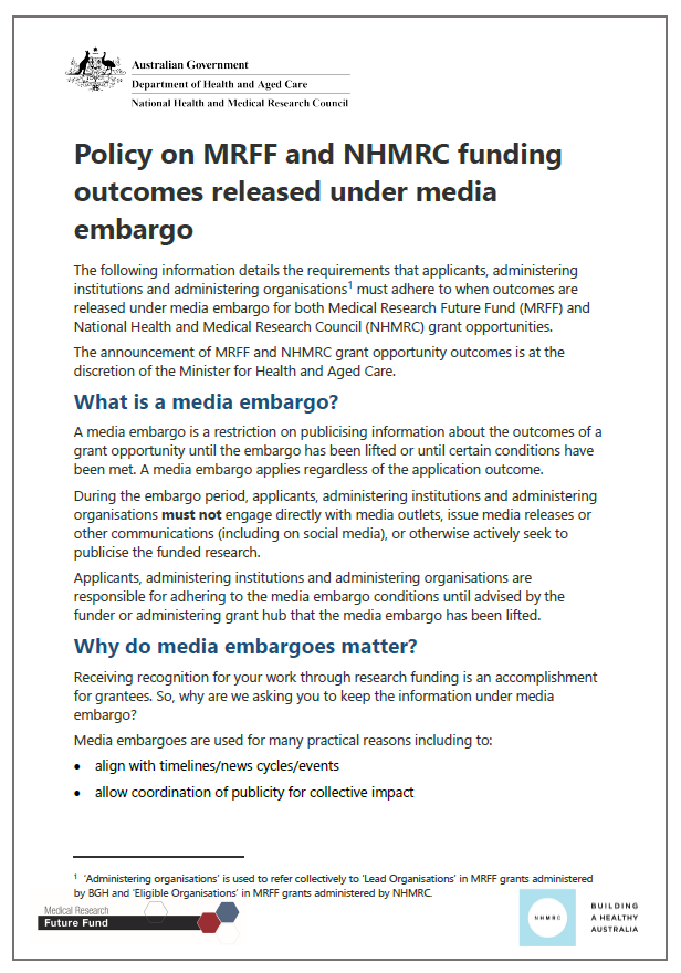 Cover page for the Policy on MRFF and NHMRC funding outcomes released under media embargo