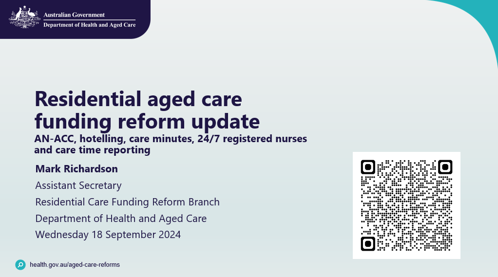 Cover slide for the Residential aged care funding reform update presentation