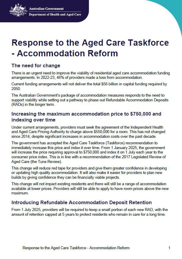 Response to the Aged Care Taskforce – Accommodation reform