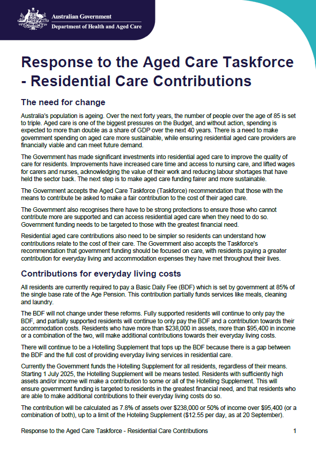 Response to the Aged Care Taskforce – Residential care contributions