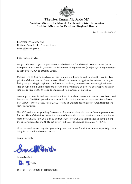Statement of Expectations for the National Rural Health Commissioner 2 September 2024 – 30 June 2026