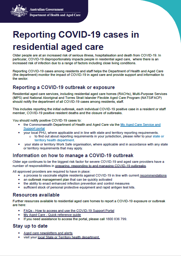 Support Portal for providers reporting a COVID-19 outbreak or exposure in residential aged care