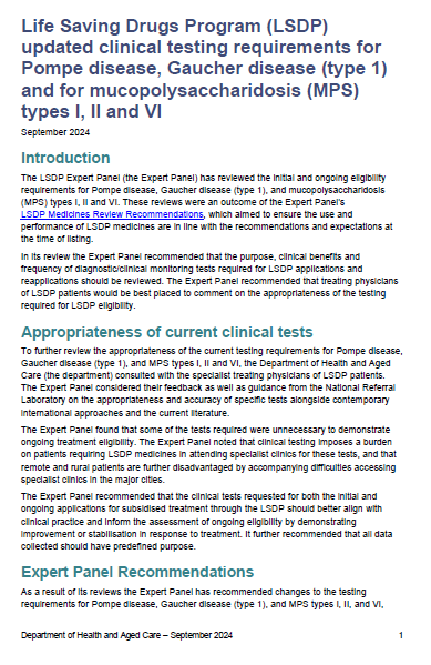 Cover page for the Updates to the clinical testing requirements for Pompe disease, Gaucher disease (type 1) and MPS types I, II and VI