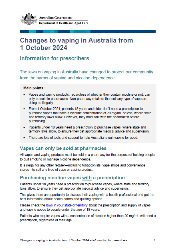 Changes to vaping in Australia from 1 October 2024 – Fact sheet for prescribers