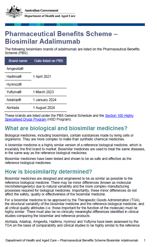 Cover page for the Biosimilar medicine fact sheet – adalimumab