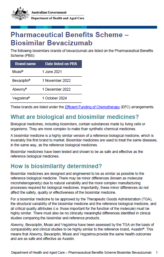 Cover page for the Biosimilar medicine fact sheet – bevacizumab