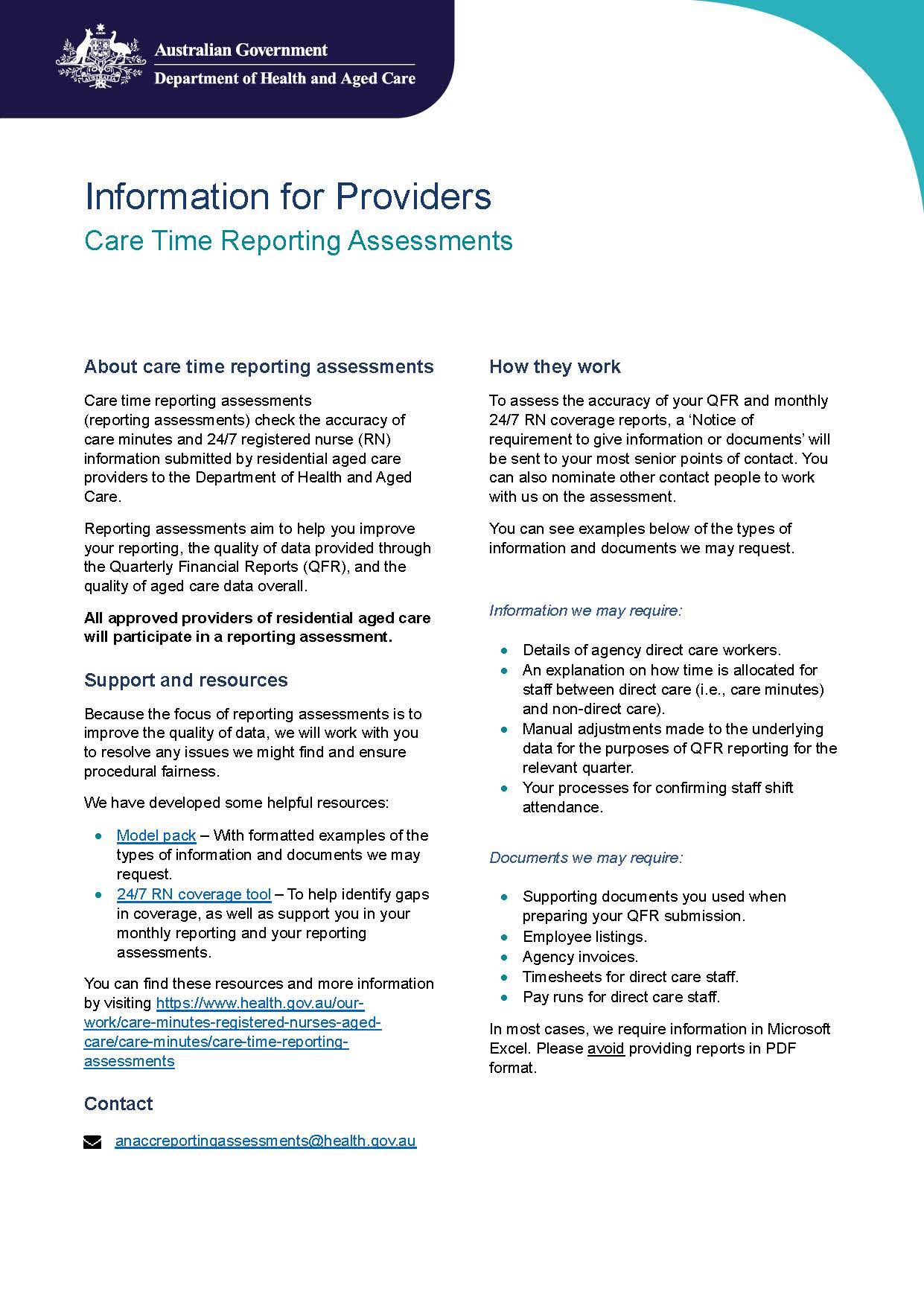 Cover image of the Care time reporting assessments – Information for providers