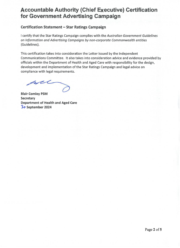 Certification statement – Star Ratings for residential aged care campaign