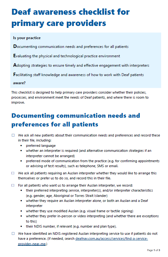 Cover page for the Deaf awareness checklist for primary care providers