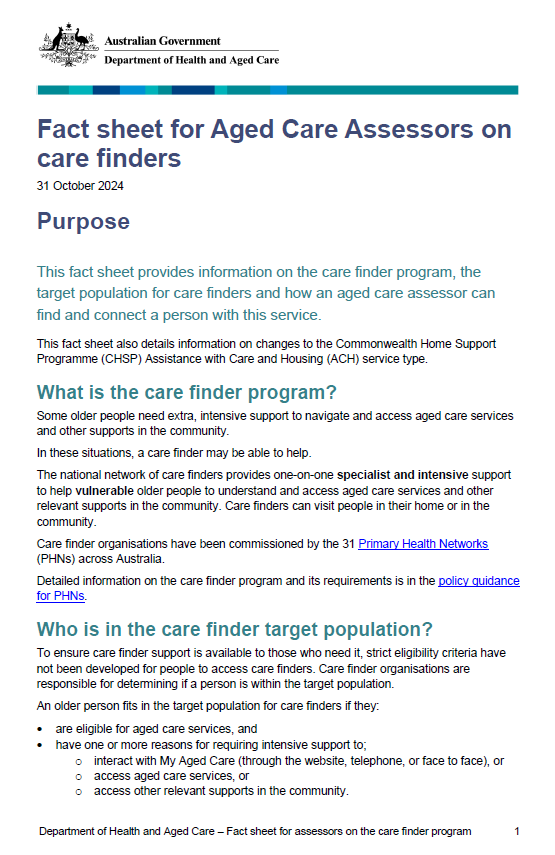 cover sheet for the Fact sheet for Aged Care Assessors on care finders