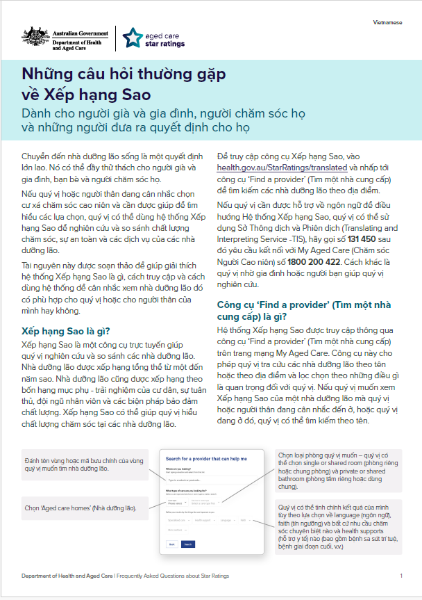 Những câu hỏi thường gặp về Hệ thống Xếp hạng Sao – cho người cao niên và các hệ thống hỗ trợ họ