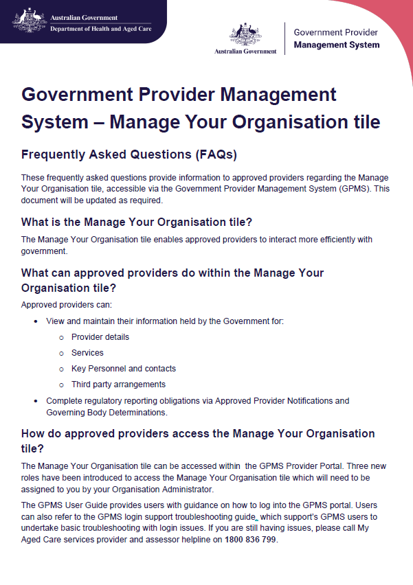 Cover page for the Government Provider Management System (GPMS) Manage Your Organisation – Frequently Asked Questions