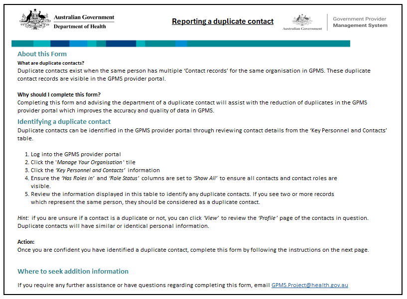 Image of the first page of the GPMS reporting a duplicate contact form