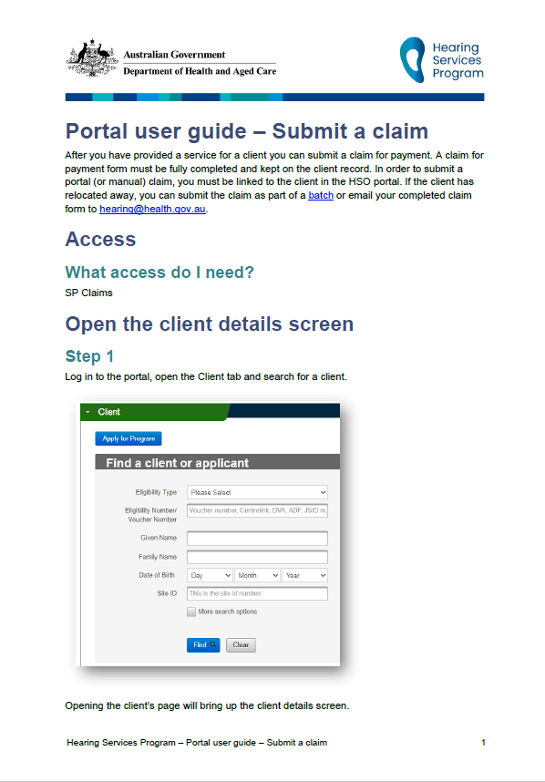 Hearing Services Program portal user guide – Submit a claim