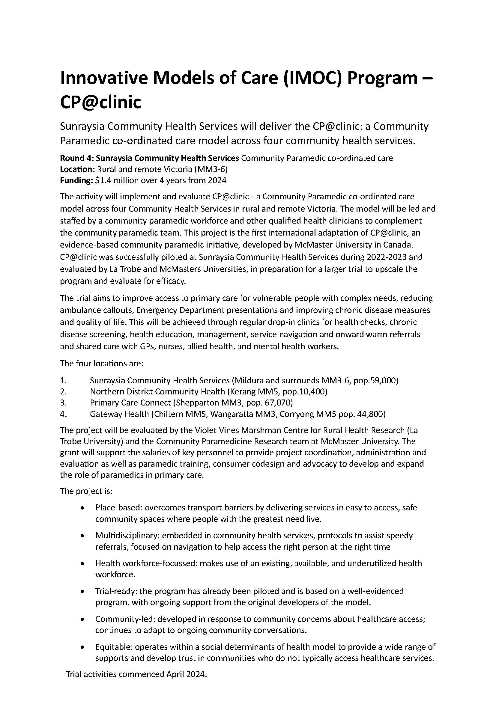Image of the page Innovative Models of Care (IMOC) Program 