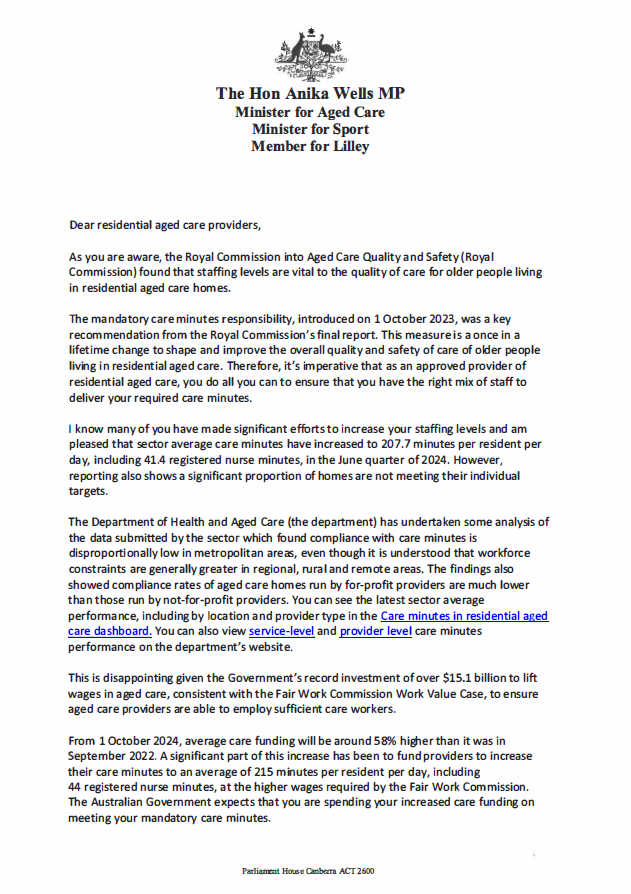 Letter to aged care providers from the Minister for Aged Care about care minutes – 1 October 2024