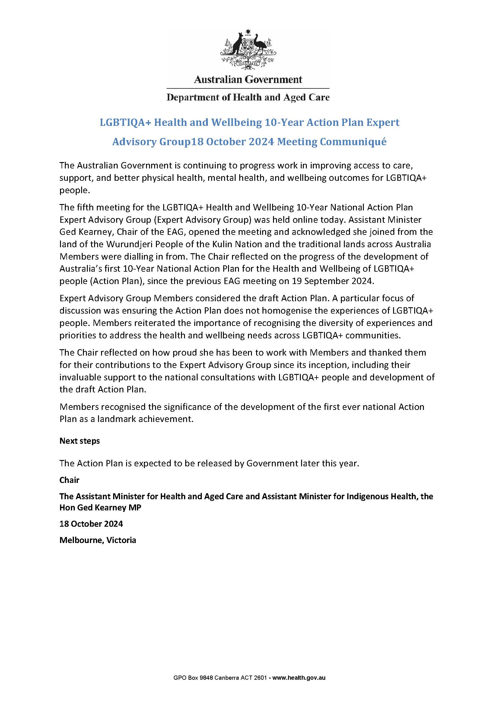 Image of the LGBTIQA+ Health and Wellbeing 10-year National Action Plan Expert Advisory Group (EAG) communique