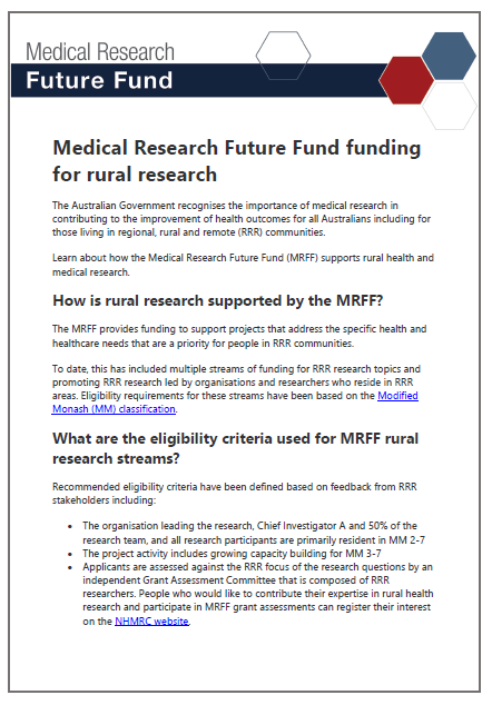 Cover page for the Medical Research Future Fund funding for rural research