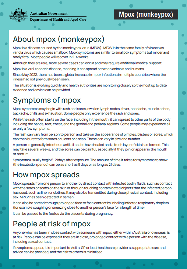 Cover image for the Mpox (monkeypox) fact sheet – Symptoms, risks and treatment