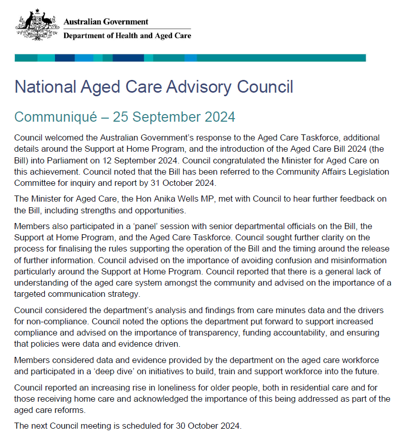 National Aged Care Advisory Council Communique September 2024