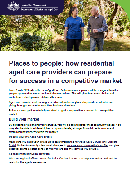 Cover page for Places to people – how residential aged care providers can prepare for success in a competitive market