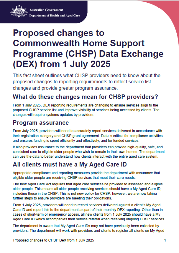 Proposed changes to Commonwealth Home Support Programme (CHSP) Data Exchange from 1 July 2025 – Factsheet