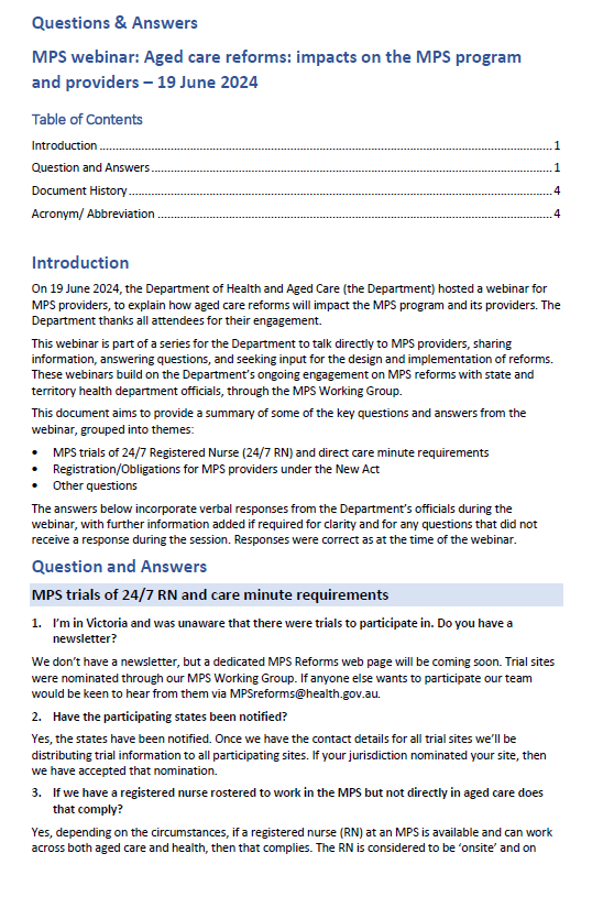 Image of page 1 for the Q&A webinar 2 on Aged care reforms