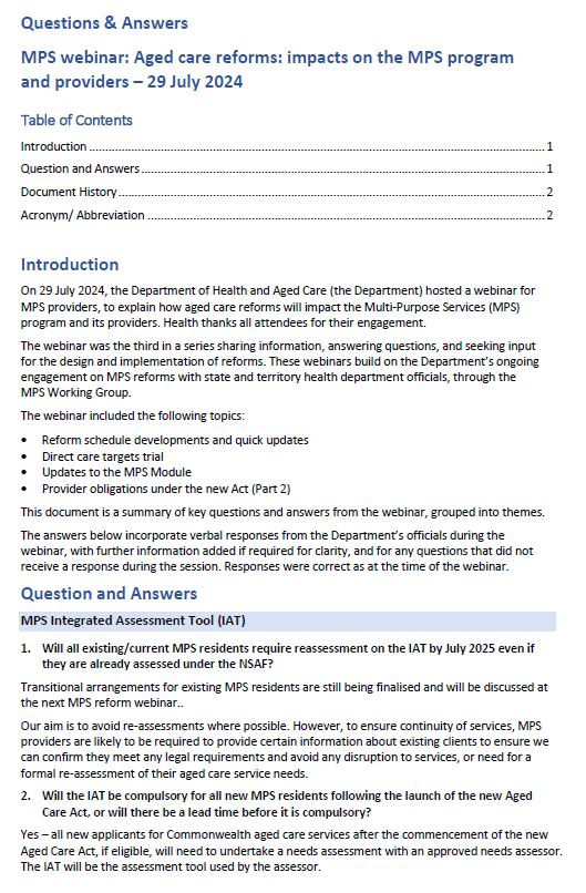 Image of page 1 for the Q&A – Webinar 3 Aged Care Reforms